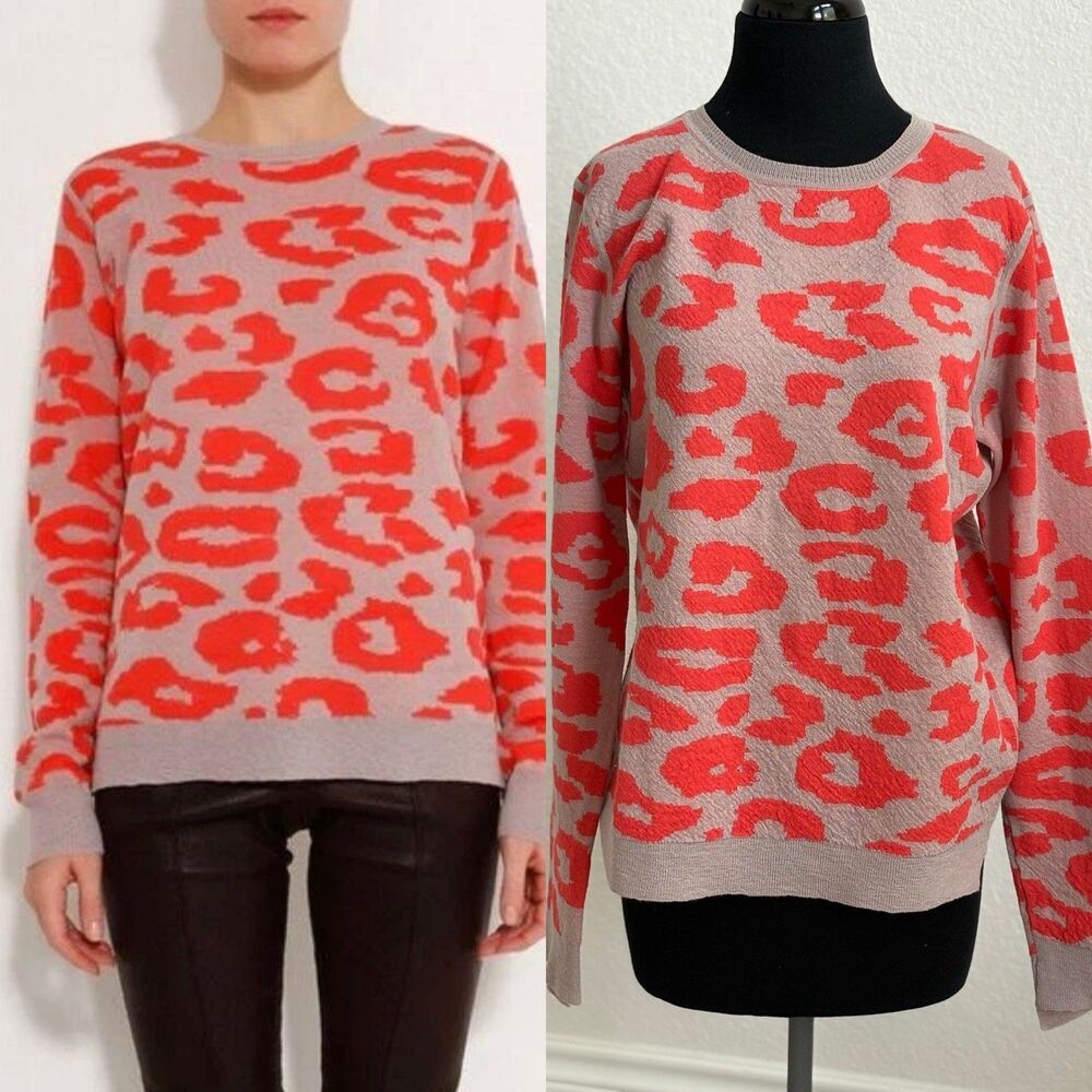 A.L.C. Japanese Wool Pink Red Leopard Print Crewneck Sweater Sz Med Lightweight